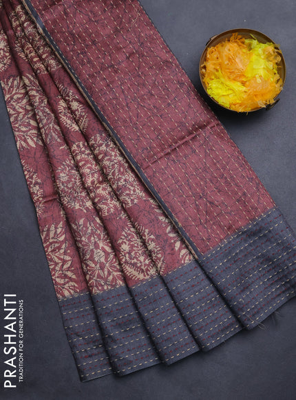 Semi tussar saree pastel maroon and grey with allover batik prints and katha stitch work pallu & border