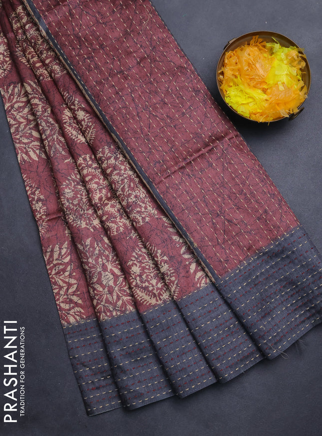 Semi tussar saree pastel maroon and grey with allover batik prints and katha stitch work pallu & border