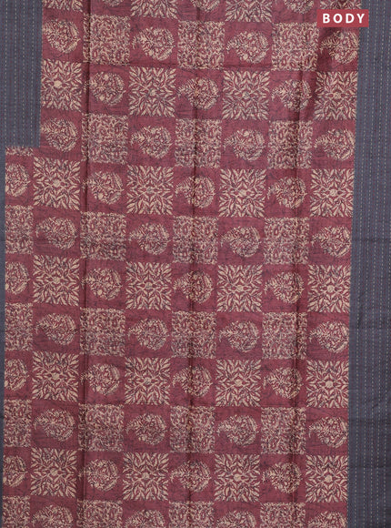 Semi tussar saree pastel maroon and grey with allover batik prints and katha stitch work pallu & border
