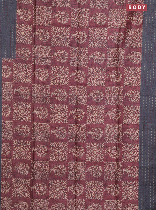 Semi tussar saree pastel maroon and grey with allover batik prints and katha stitch work pallu & border