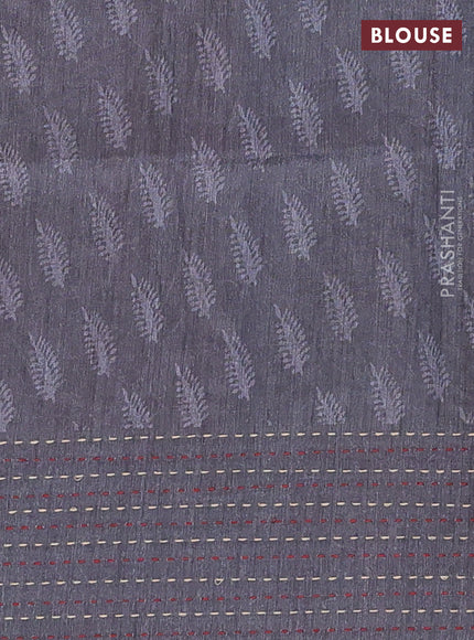 Semi tussar saree pastel maroon and grey with allover batik prints and katha stitch work pallu & border