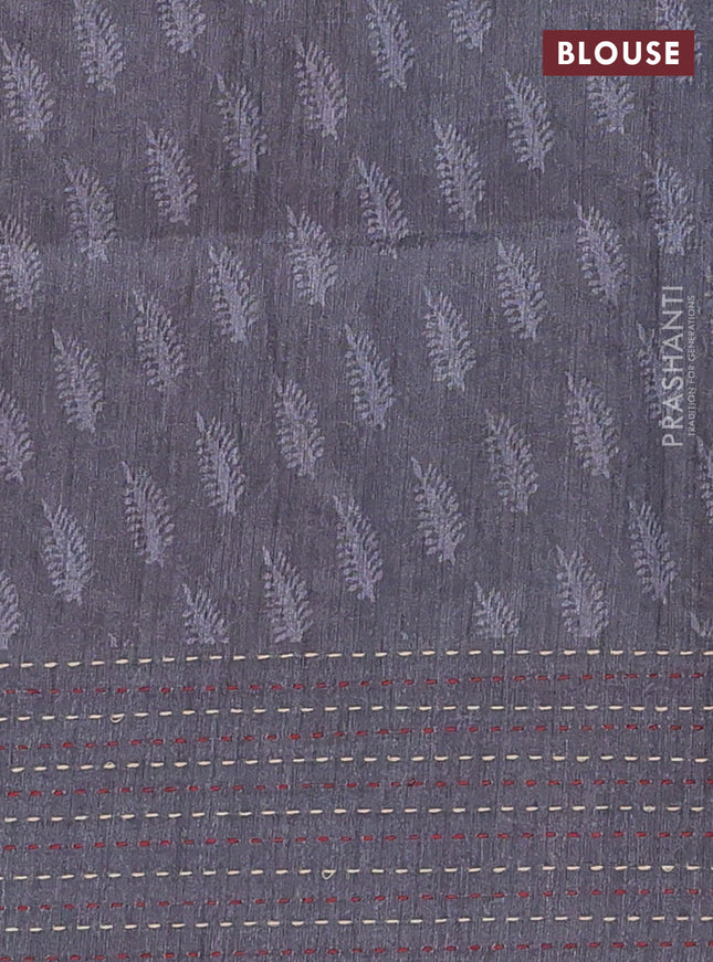 Semi tussar saree pastel maroon and grey with allover batik prints and katha stitch work pallu & border