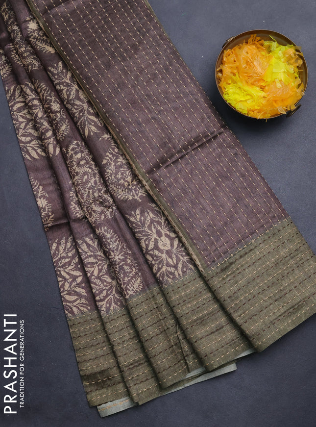 Semi tussar saree brown and sap green with allover batik prints and katha stitch work pallu & border