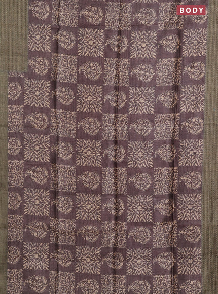 Semi tussar saree brown and sap green with allover batik prints and katha stitch work pallu & border
