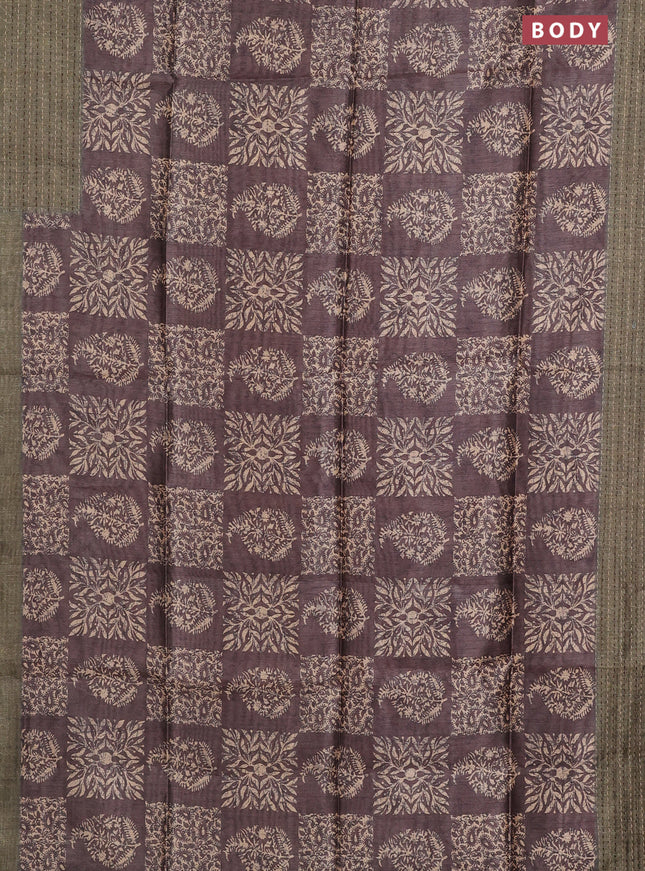 Semi tussar saree brown and sap green with allover batik prints and katha stitch work pallu & border