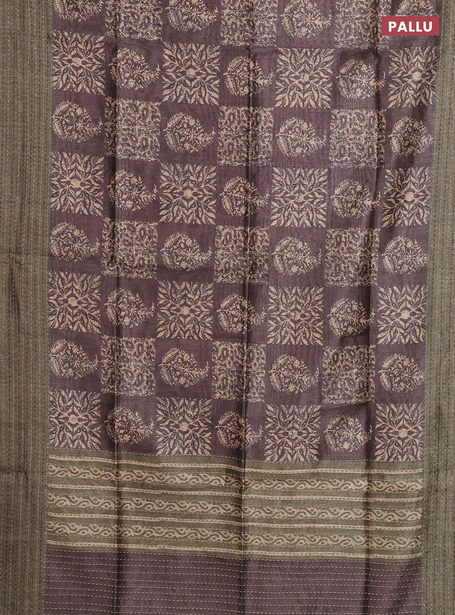 Semi tussar saree brown and sap green with allover batik prints and katha stitch work pallu & border