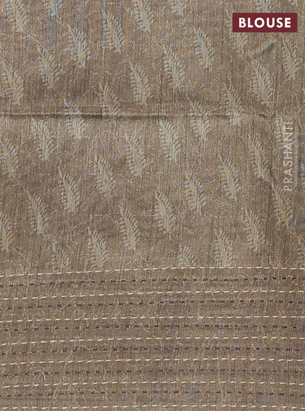 Semi tussar saree brown and sap green with allover batik prints and katha stitch work pallu & border