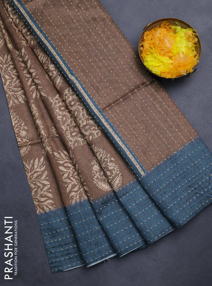 Semi tussar saree dark sandal and peacock blue with allover batik prints and katha stitch work pallu & border