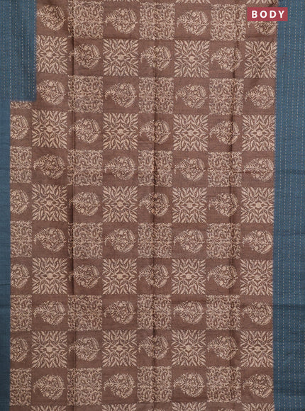 Semi tussar saree dark sandal and peacock blue with allover batik prints and katha stitch work pallu & border