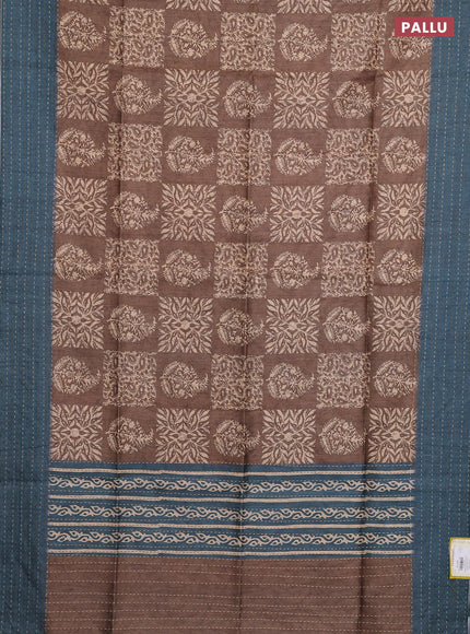 Semi tussar saree dark sandal and peacock blue with allover batik prints and katha stitch work pallu & border