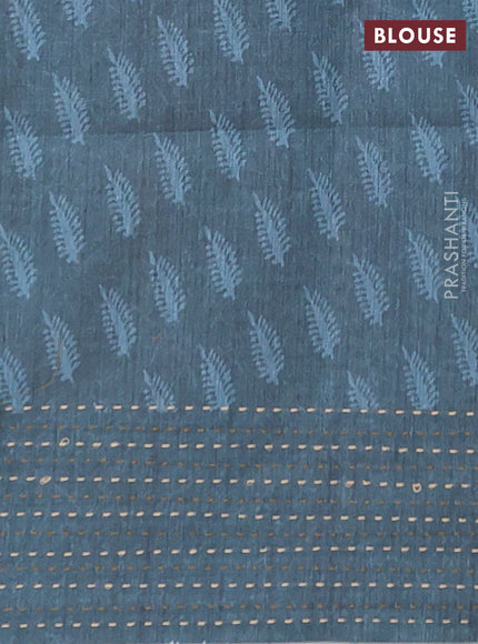 Semi tussar saree dark sandal and peacock blue with allover batik prints and katha stitch work pallu & border