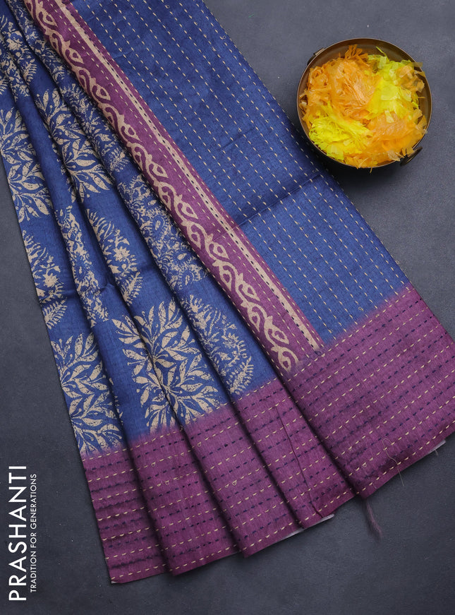 Semi tussar saree blue and purple with allover batik prints and katha stitch work pallu & border