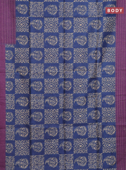 Semi tussar saree blue and purple with allover batik prints and katha stitch work pallu & border