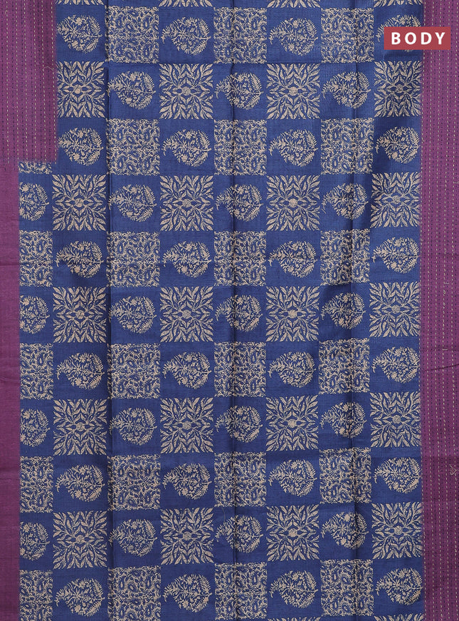Semi tussar saree blue and purple with allover batik prints and katha stitch work pallu & border