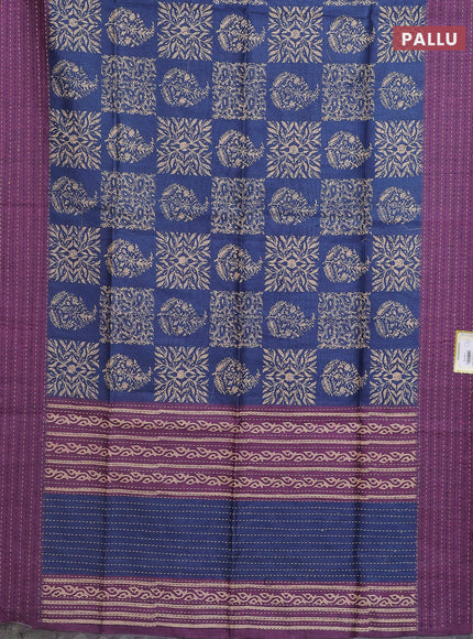 Semi tussar saree blue and purple with allover batik prints and katha stitch work pallu & border