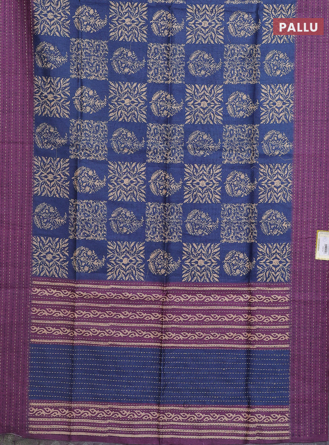 Semi tussar saree blue and purple with allover batik prints and katha stitch work pallu & border