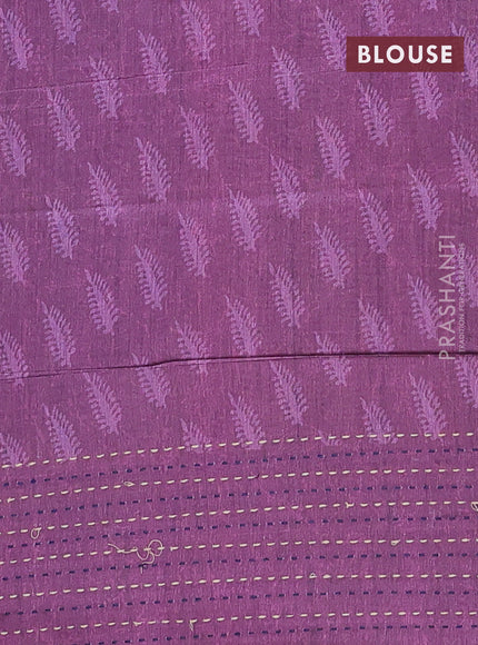 Semi tussar saree blue and purple with allover batik prints and katha stitch work pallu & border