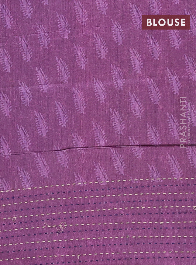 Semi tussar saree blue and purple with allover batik prints and katha stitch work pallu & border