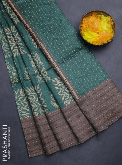 Semi tussar saree green and grey shade with allover batik prints and katha stitch work pallu & border