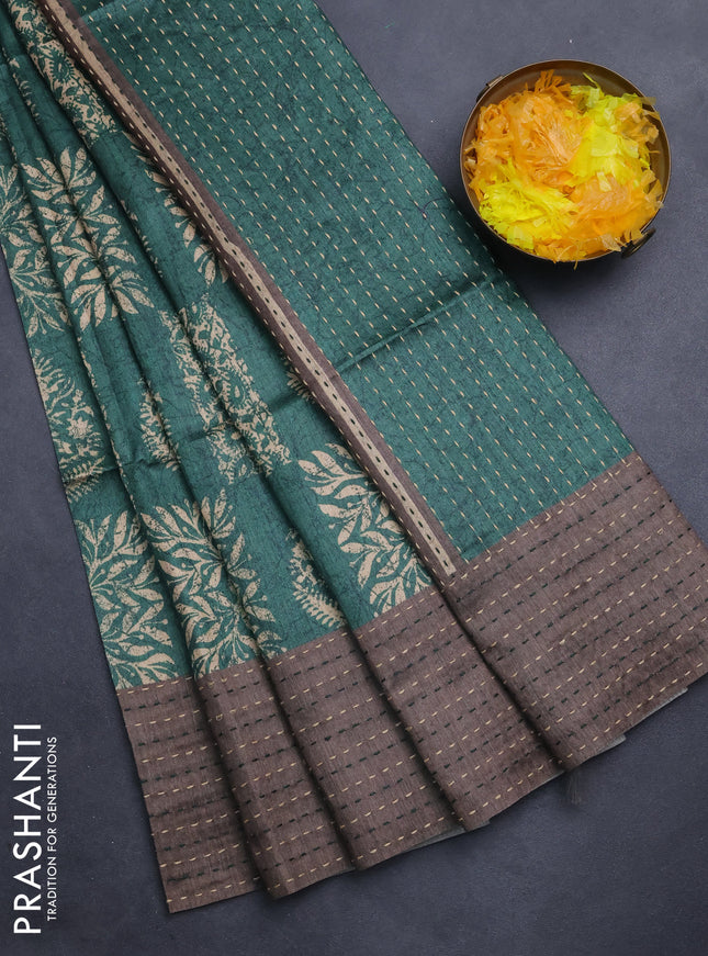 Semi tussar saree green and grey shade with allover batik prints and katha stitch work pallu & border