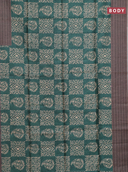 Semi tussar saree green and grey shade with allover batik prints and katha stitch work pallu & border