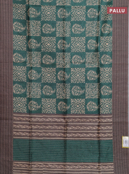 Semi tussar saree green and grey shade with allover batik prints and katha stitch work pallu & border
