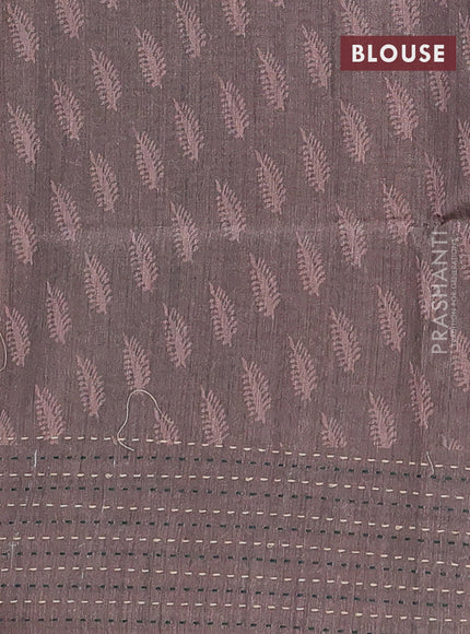 Semi tussar saree green and grey shade with allover batik prints and katha stitch work pallu & border