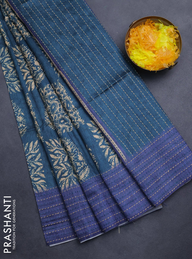 Semi tussar saree peacock blue and blue with allover batik prints and katha stitch work pallu & border