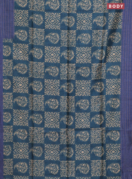 Semi tussar saree peacock blue and blue with allover batik prints and katha stitch work pallu & border