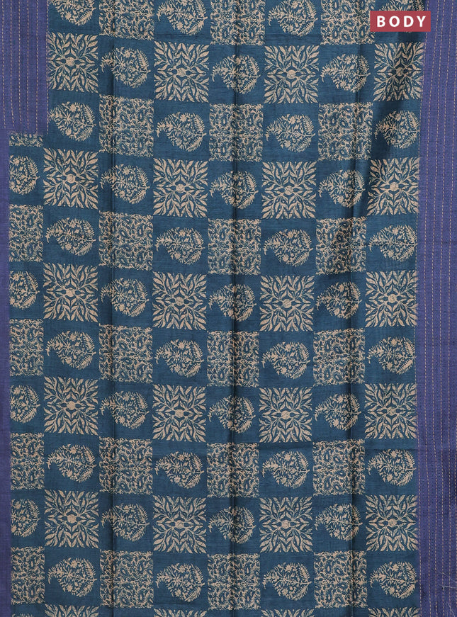 Semi tussar saree peacock blue and blue with allover batik prints and katha stitch work pallu & border