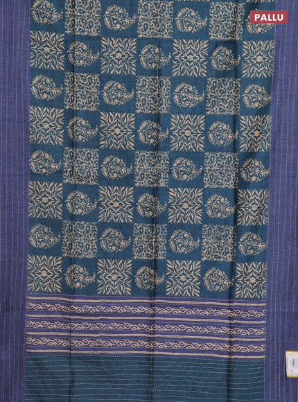 Semi tussar saree peacock blue and blue with allover batik prints and katha stitch work pallu & border