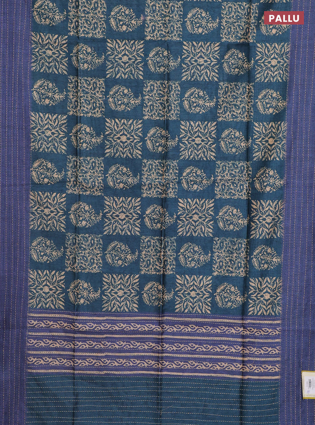 Semi tussar saree peacock blue and blue with allover batik prints and katha stitch work pallu & border