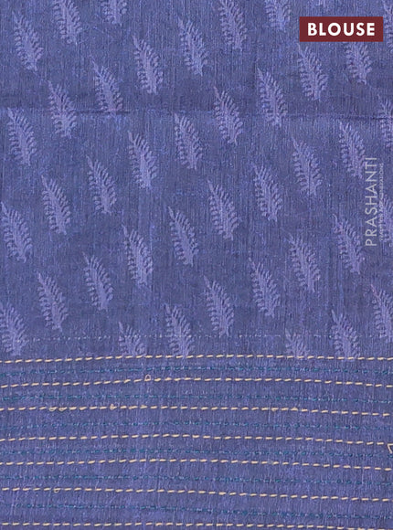 Semi tussar saree peacock blue and blue with allover batik prints and katha stitch work pallu & border