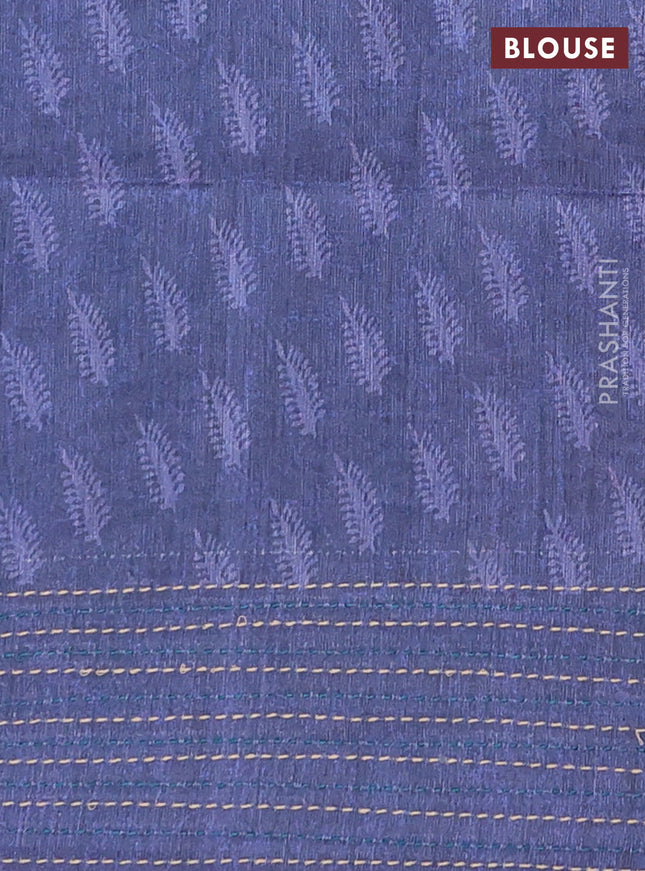 Semi tussar saree peacock blue and blue with allover batik prints and katha stitch work pallu & border