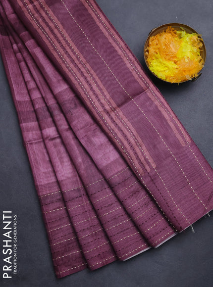 Semi tussar saree mauve pink and wine shade with allover geometric prints and katha stitch work pallu & border