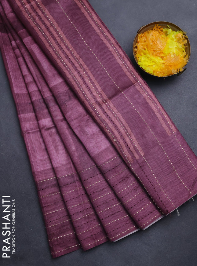 Semi tussar saree mauve pink and wine shade with allover geometric prints and katha stitch work pallu & border