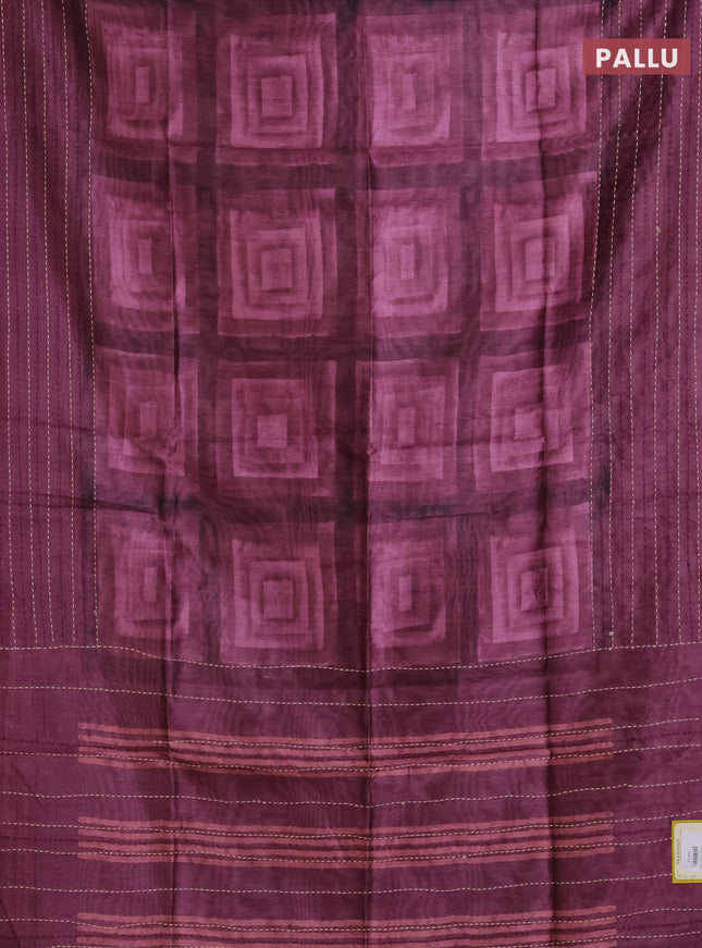 Semi tussar saree mauve pink and wine shade with allover geometric prints and katha stitch work pallu & border