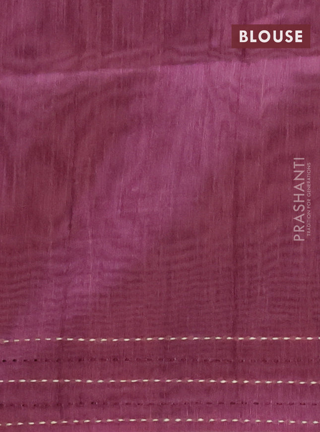 Semi tussar saree mauve pink and wine shade with allover geometric prints and katha stitch work pallu & border