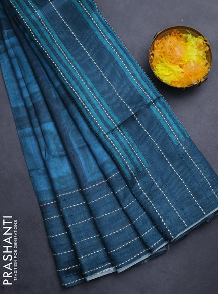 Semi tussar saree teal blue and peacock blue with allover geometric prints and katha stitch work pallu & border