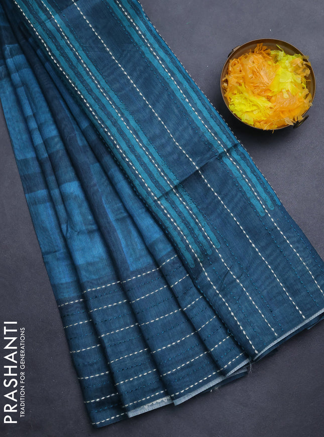 Semi tussar saree teal blue and peacock blue with allover geometric prints and katha stitch work pallu & border
