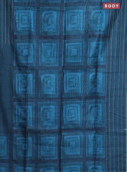 Semi tussar saree teal blue and peacock blue with allover geometric prints and katha stitch work pallu & border