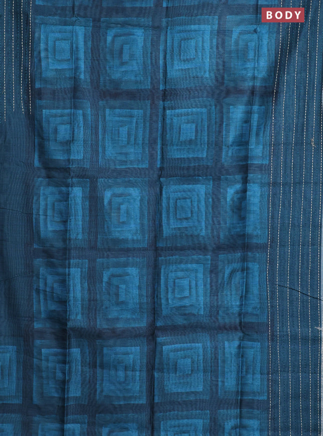 Semi tussar saree teal blue and peacock blue with allover geometric prints and katha stitch work pallu & border