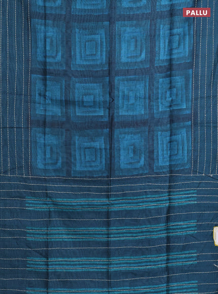 Semi tussar saree teal blue and peacock blue with allover geometric prints and katha stitch work pallu & border