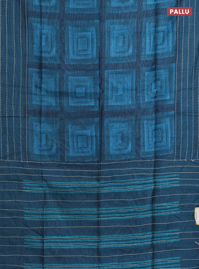Semi tussar saree teal blue and peacock blue with allover geometric prints and katha stitch work pallu & border