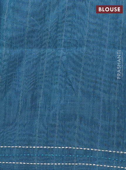 Semi tussar saree teal blue and peacock blue with allover geometric prints and katha stitch work pallu & border