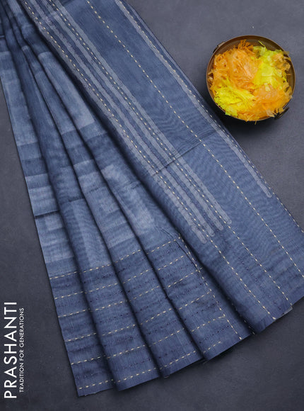 Semi tussar saree grey with allover geometric prints and katha stitch work pallu & border