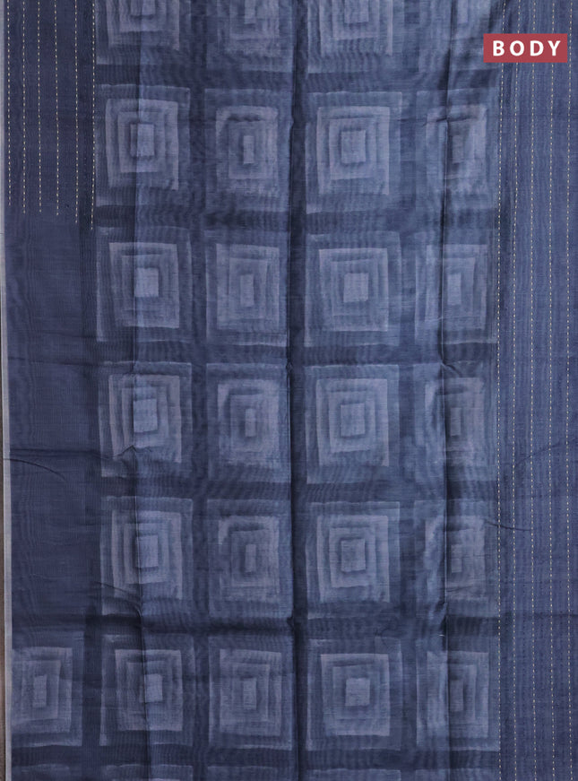 Semi tussar saree grey with allover geometric prints and katha stitch work pallu & border