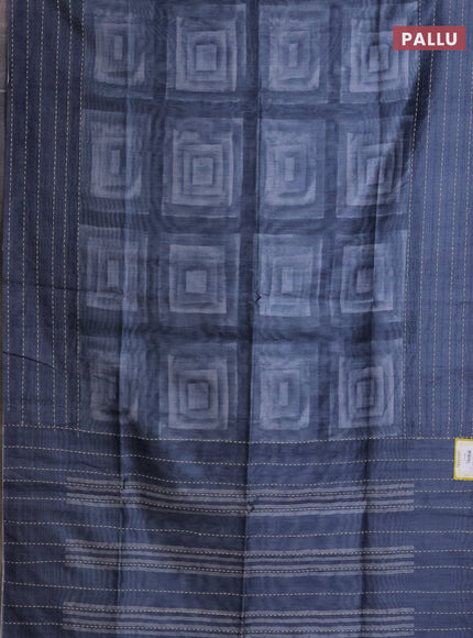 Semi tussar saree grey with allover geometric prints and katha stitch work pallu & border