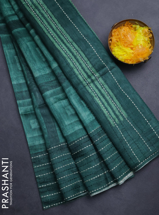 Semi tussar saree green with allover geometric prints and katha stitch work pallu & border