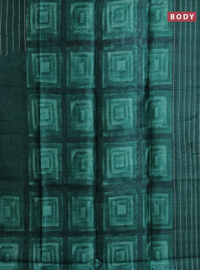 Semi tussar saree green with allover geometric prints and katha stitch work pallu & border
